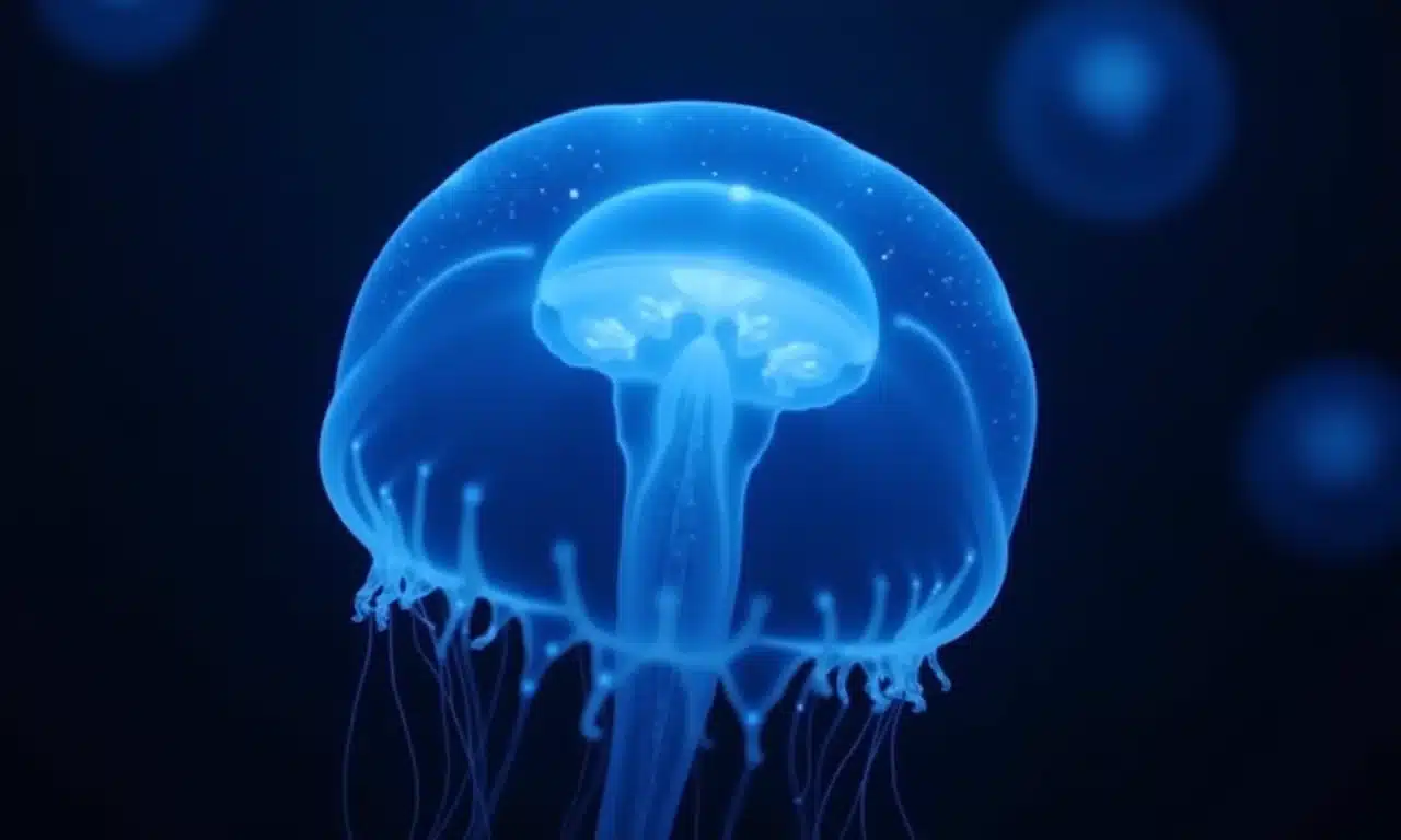 Água-viva Aurelia aurita pulsando com bioluminescência azul no oceano profundo.