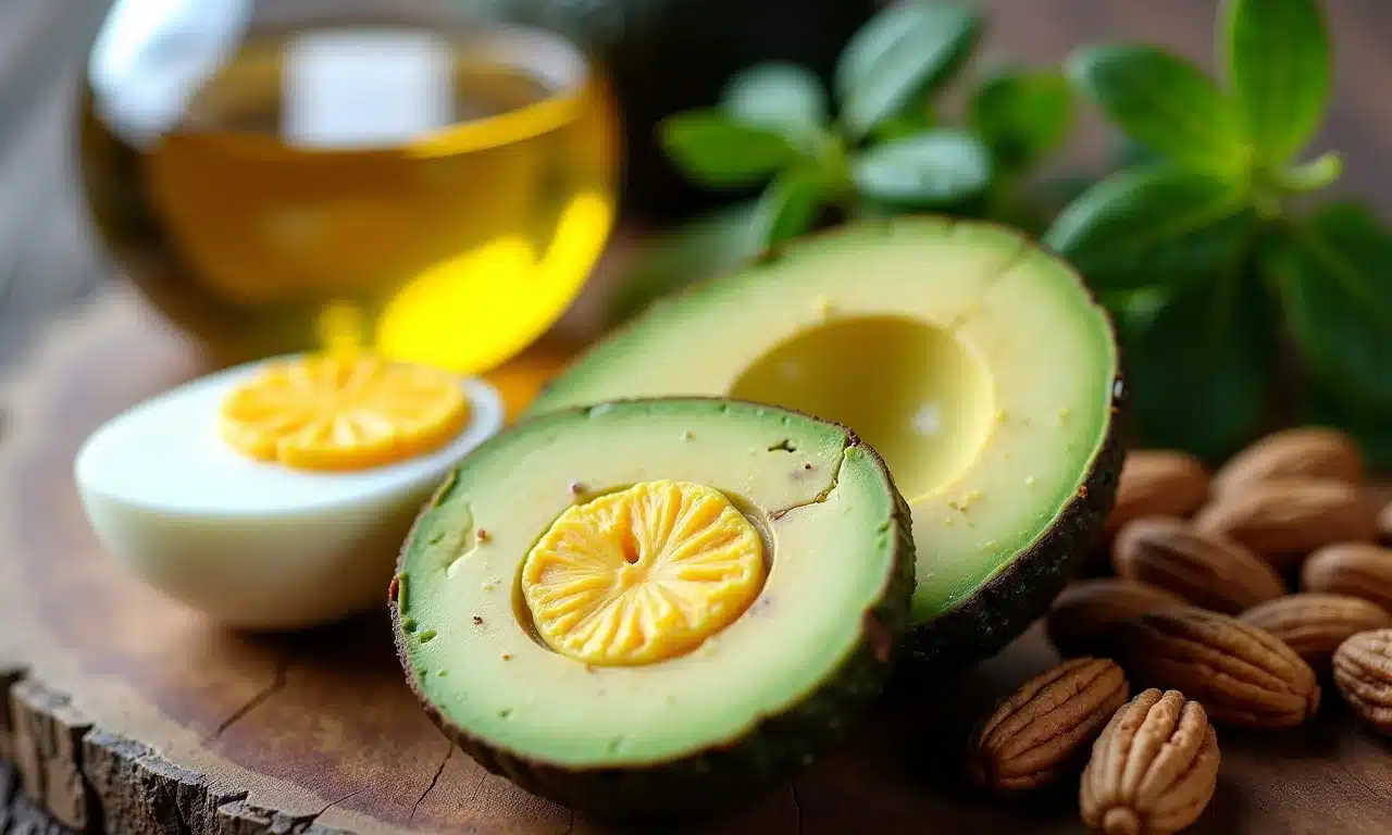 Alimentos cetogênicos: abacate, ovos, nozes, azeite.