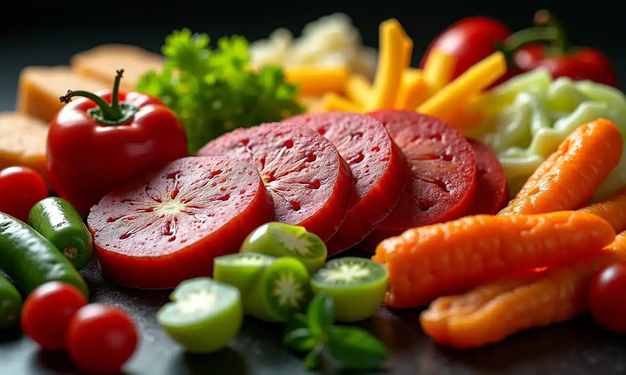 Alimentos ultraprocessados em desordem, representando ingredientes artificiais.