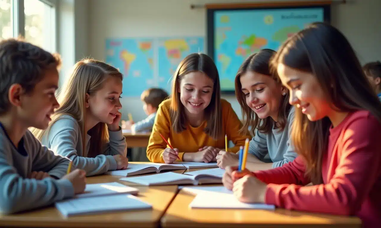 Alunos diversos aprendendo em uma sala de aula interativa no metaverso.