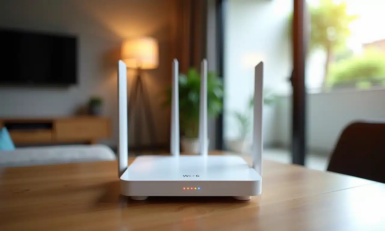Apartamento brasileiro moderno com roteador Wi-Fi 6, representando a estabilidade da conexão local.
