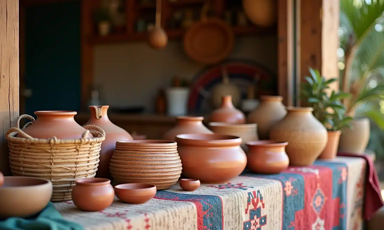 Artesanato e objetos feitos à mão em mesa de madeira.