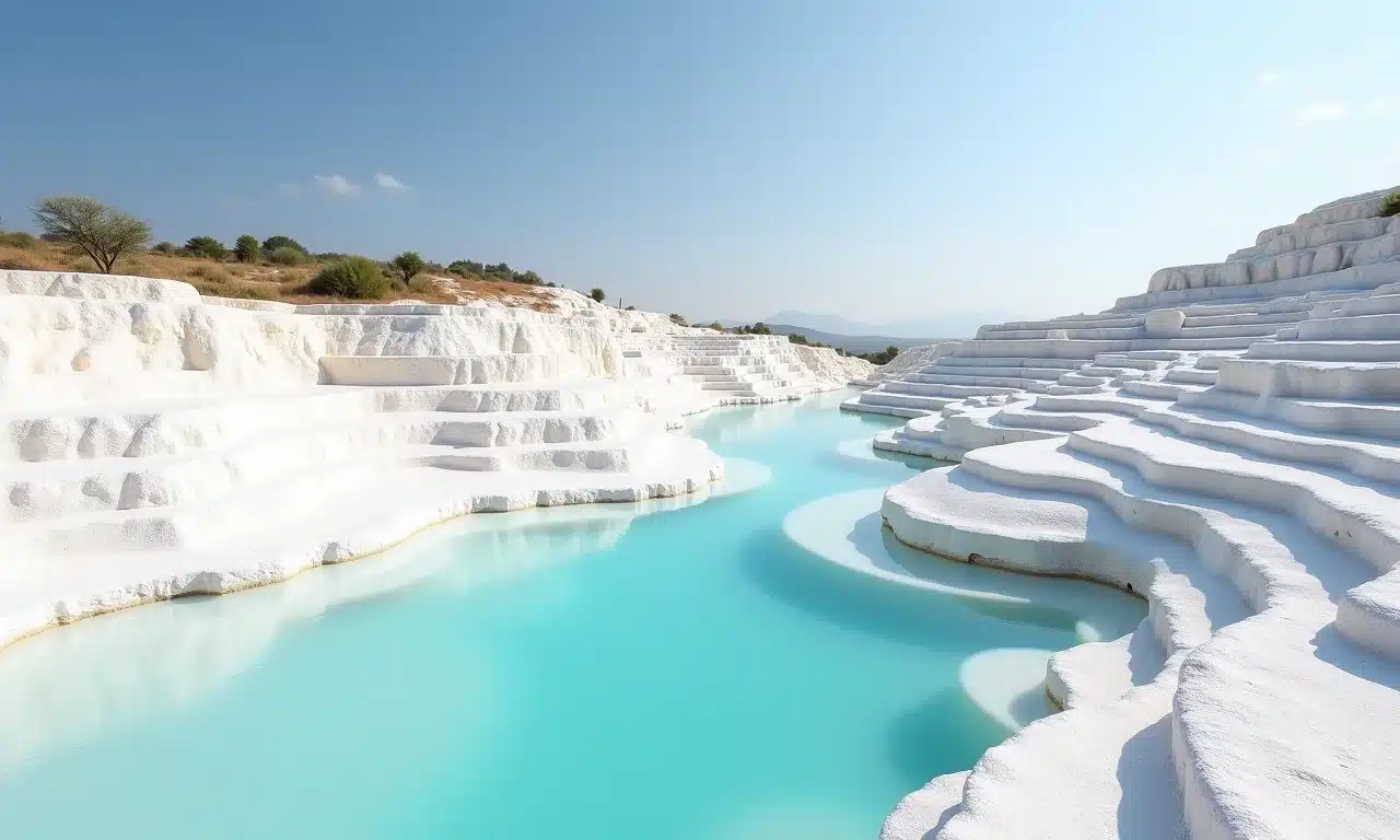 As terraças de travertino branco de Pamukkale na Turquia, com águas termais.