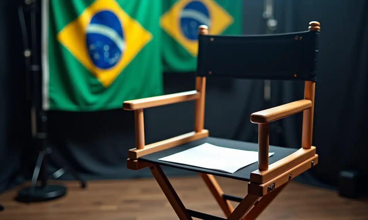 Cadeira de diretor com roteiro em set de filmagem, bandeira brasileira ao fundo.