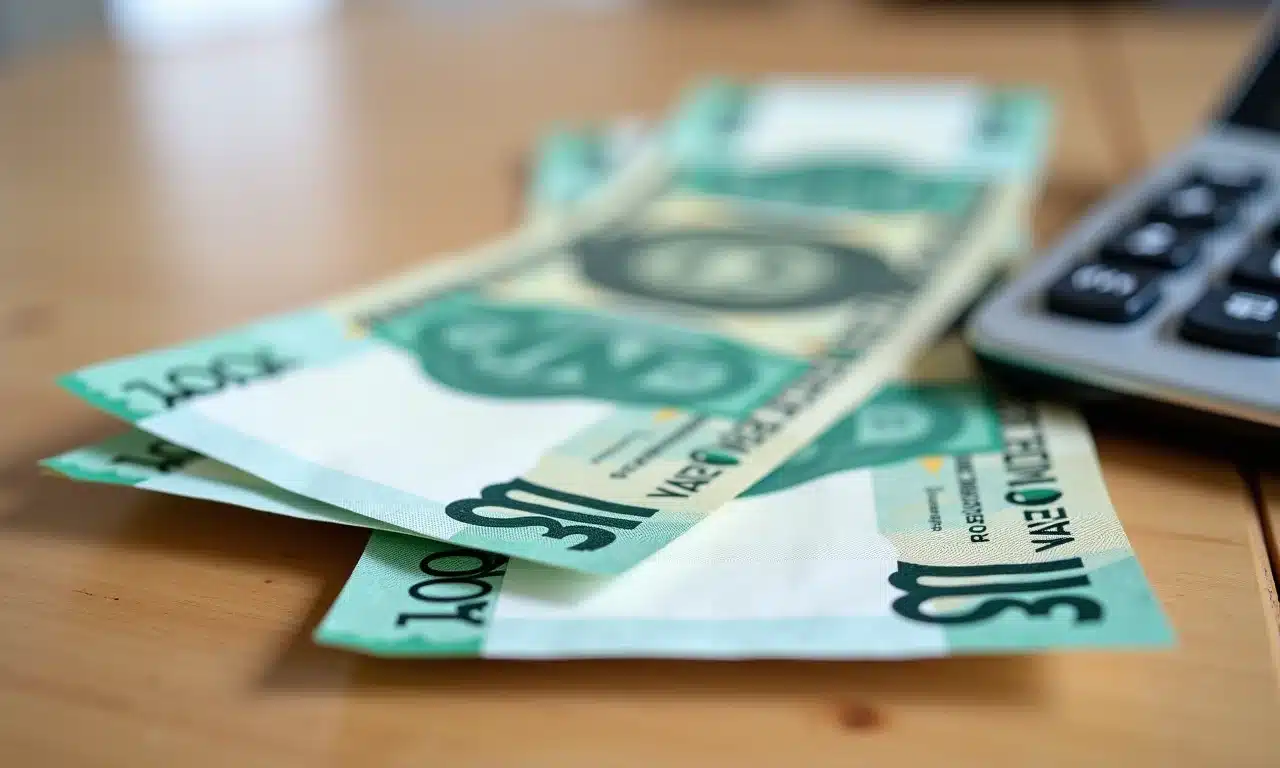 Calculadora e notas de R$ 5000 em mesa de madeira, simbolizando amortização de financiamento.