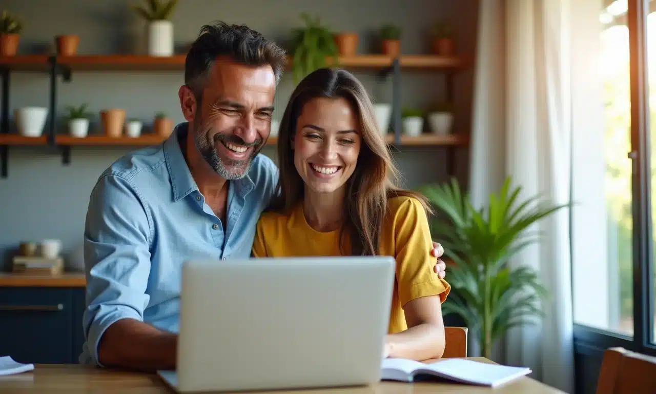 Casal brasileiro analisando opções de amortização de financiamento em um laptop.