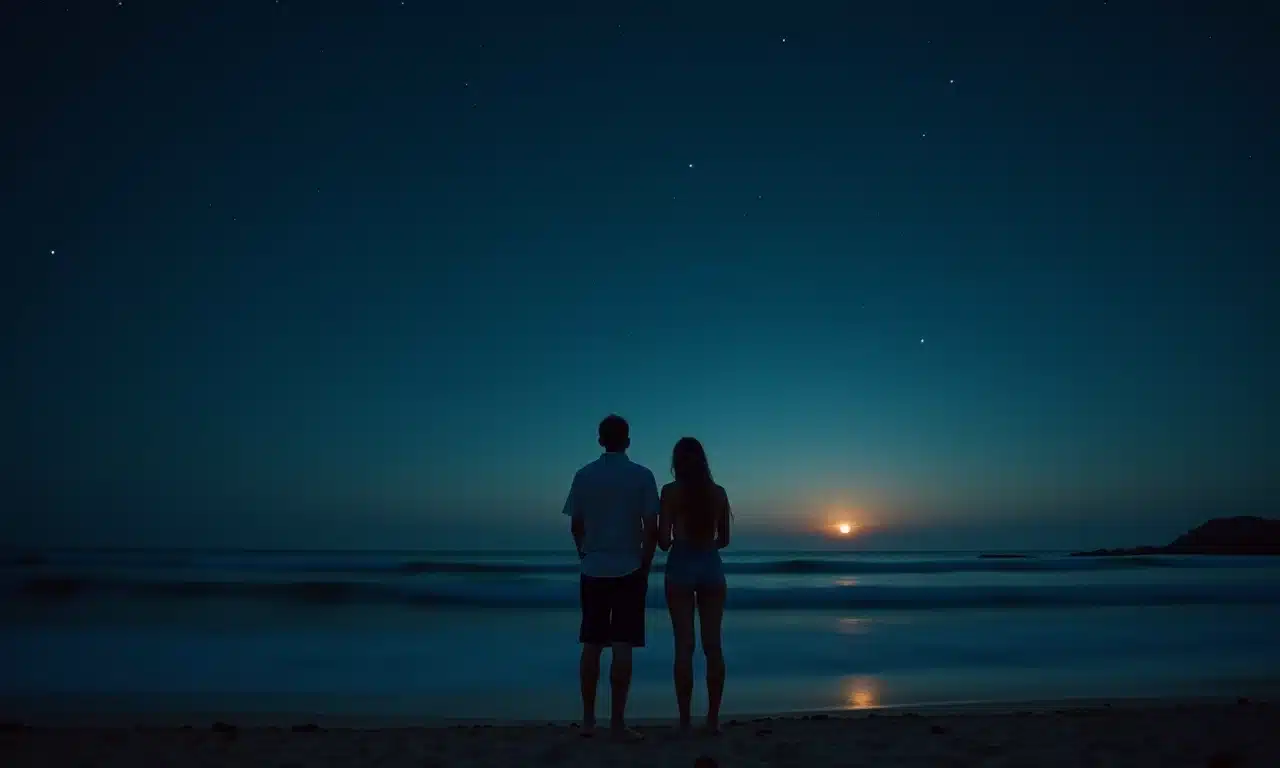 Casal observando um céu noturno sem lua, estrelas fracas.