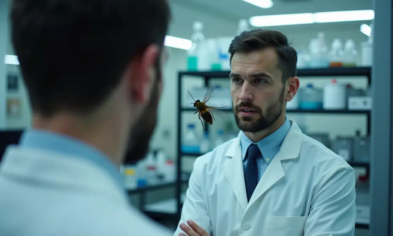 Cientista se transformando em mosca, refletindo dilemas éticos.