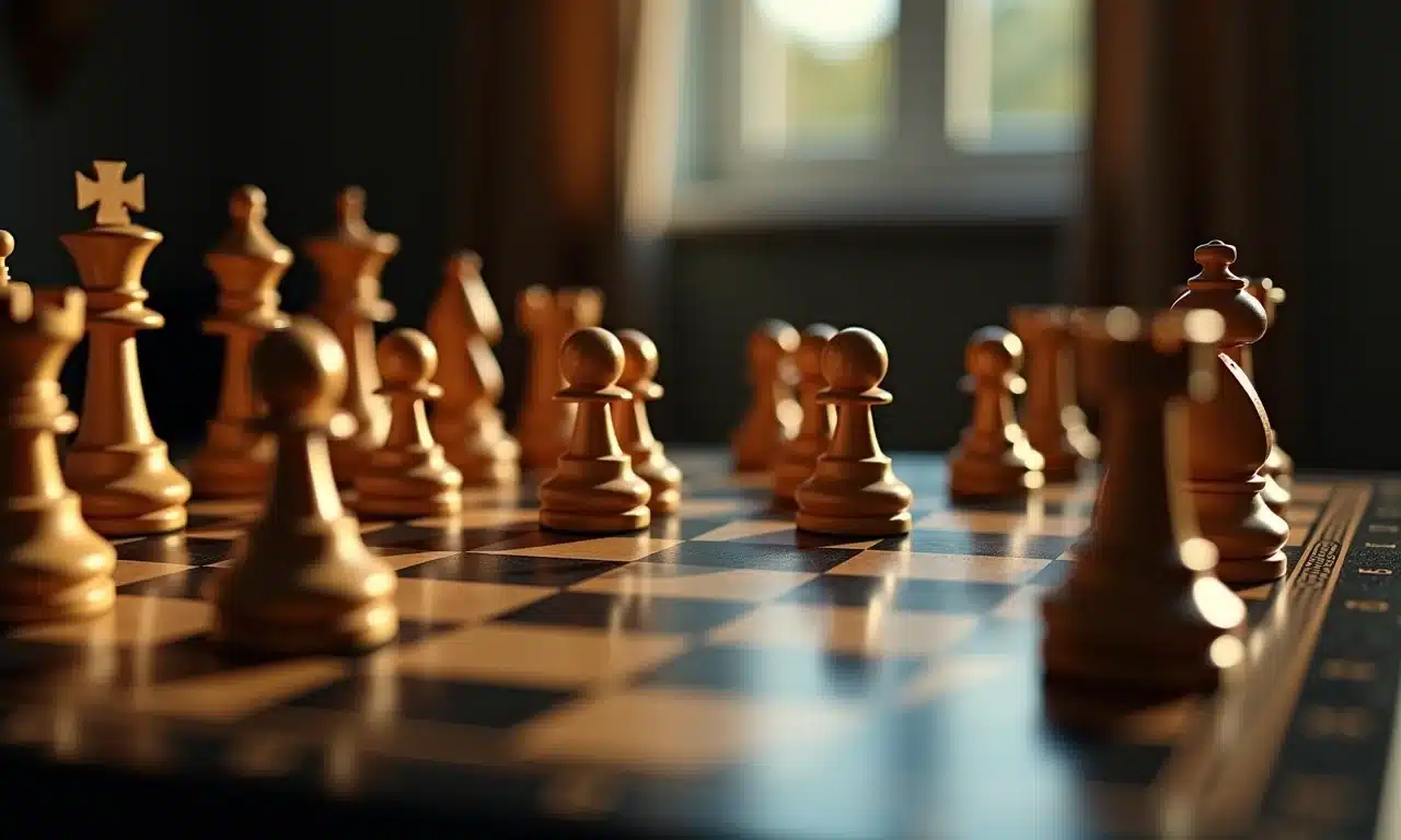 Close-up de um tabuleiro de xadrez com peças estrategicamente posicionadas.