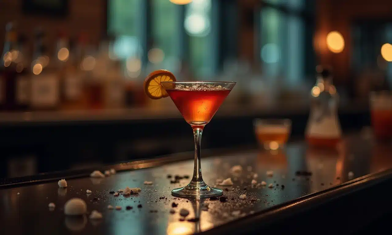 Copo de cocktail meio vazio em balcão de bar, simbolizando o álcool.