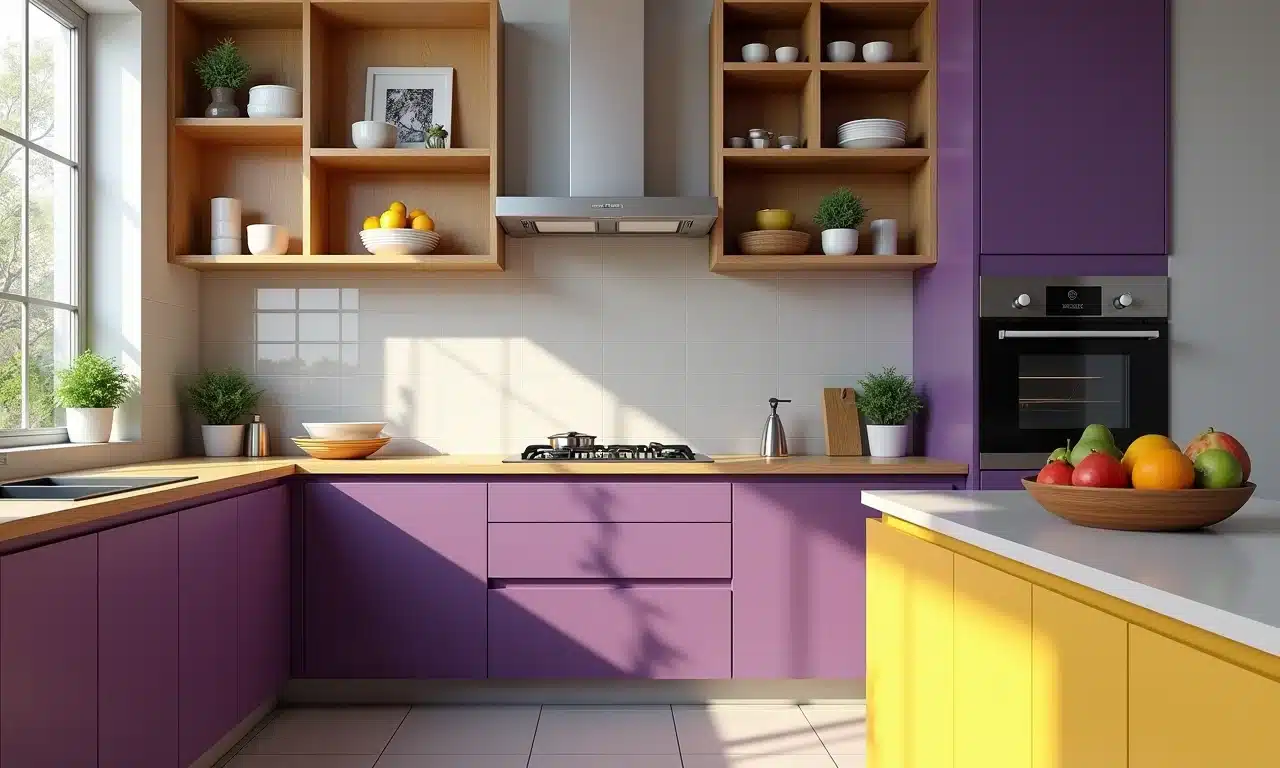 Cozinha com cores complementares: roxo e amarelo, azulejos brasileiros.