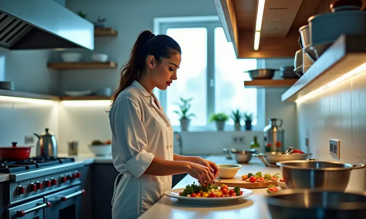 Cozinha funcional com iluminação branca e clara, mulher preparando comida.