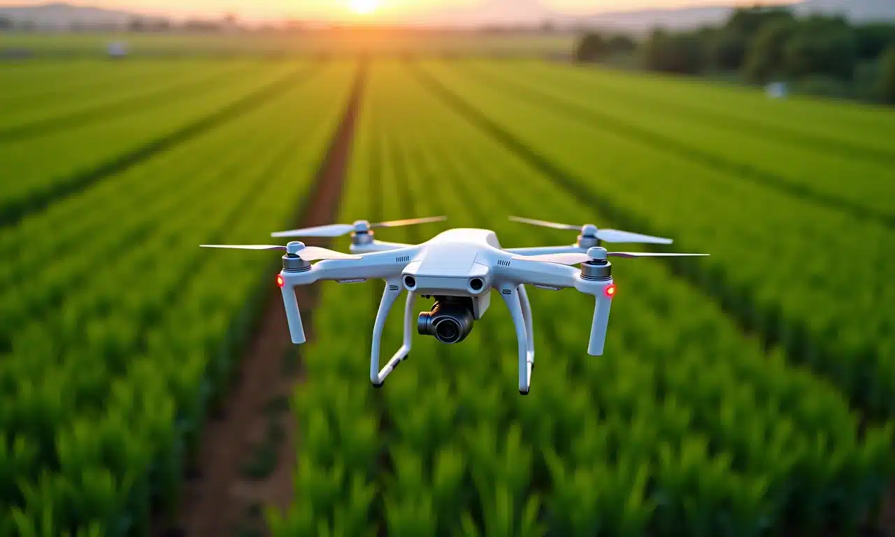 Drone monitorando plantação em agricultura inteligente.