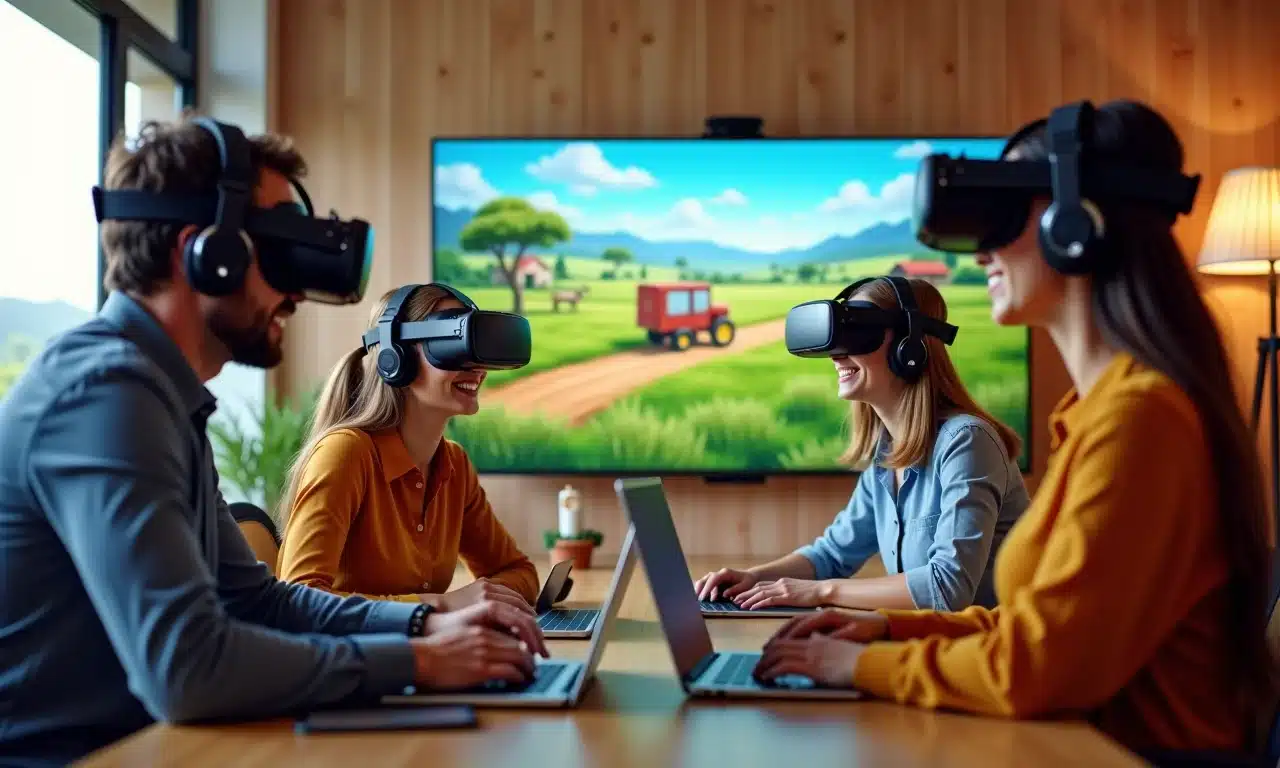 Equipe diversa trabalhando remotamente em um escritório virtual imersivo usando headsets de VR.