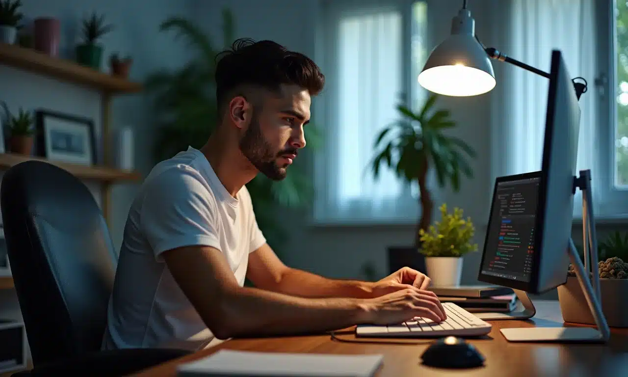 Escritório em casa com iluminação clara e foco na concentração, homem trabalhando.