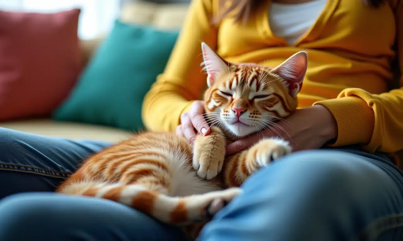 Gato feliz amassando o colo do dono.