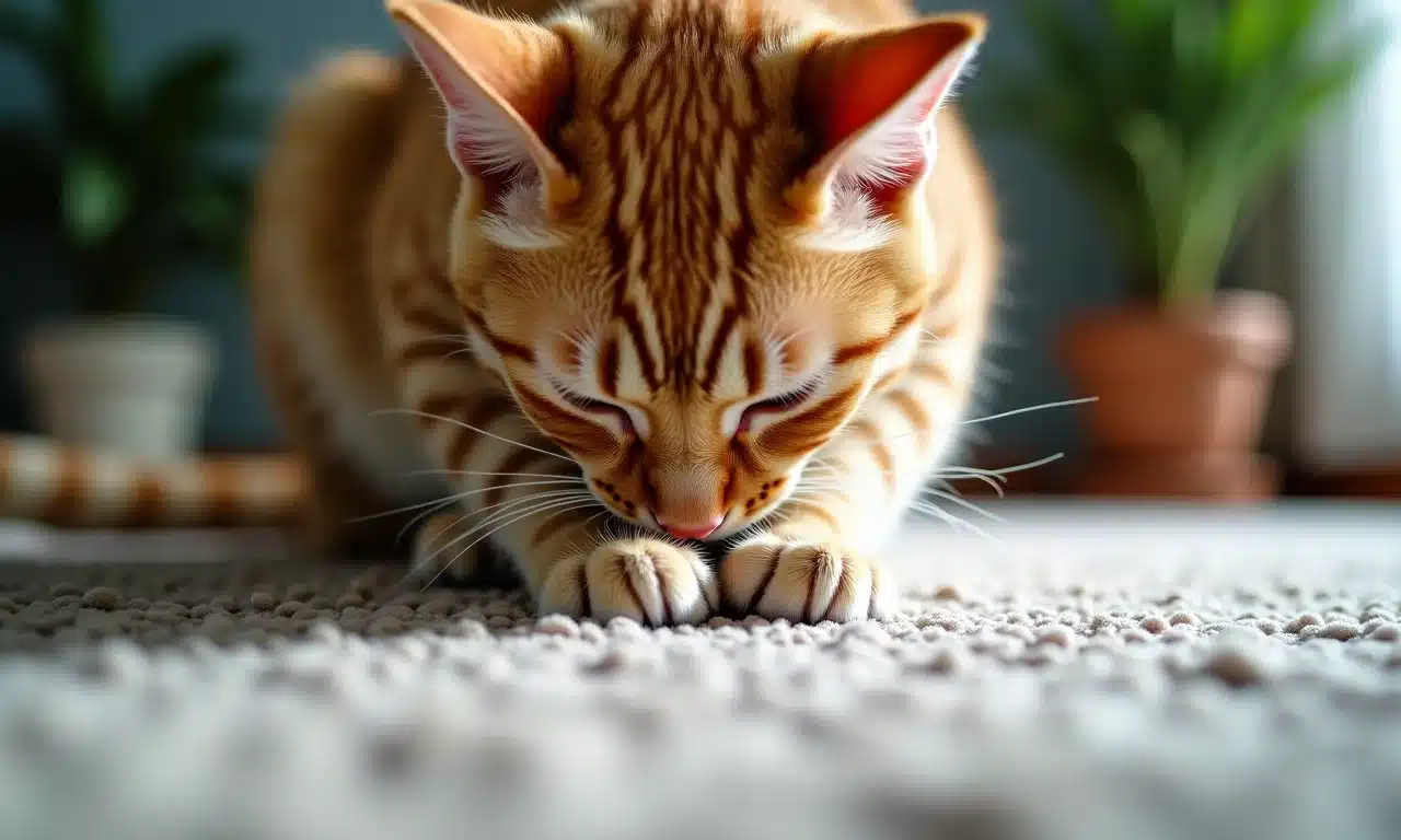 Gato ruivo amassando tapete texturizado.