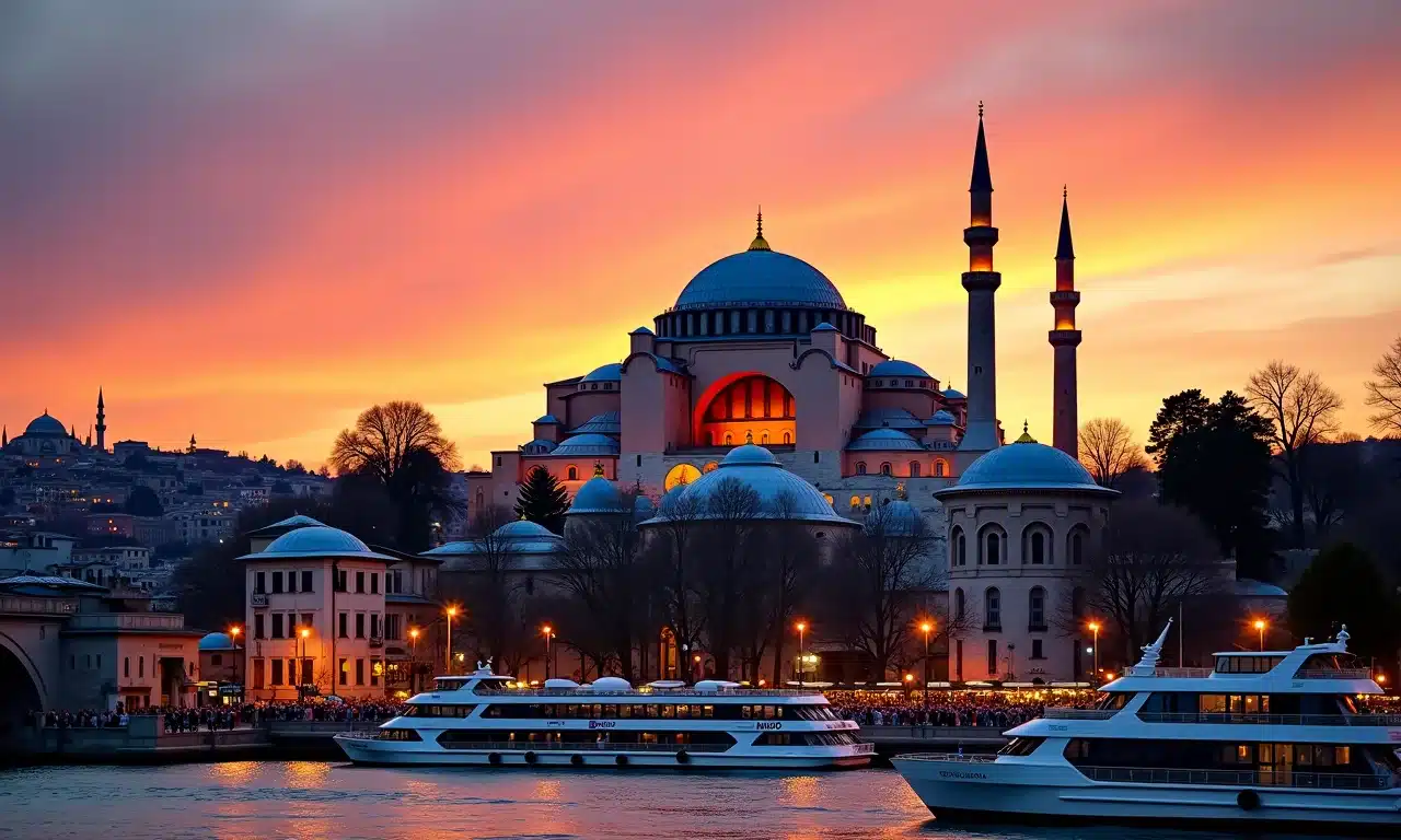Hagia Sophia em Istambul ao pôr do sol, stopover entre Europa e Ásia.