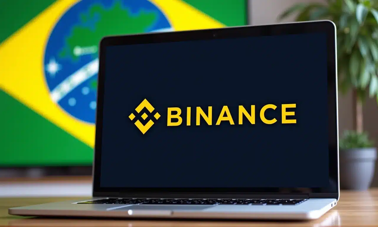 Interface da Binance exibida em um laptop com a bandeira do Brasil ao fundo.