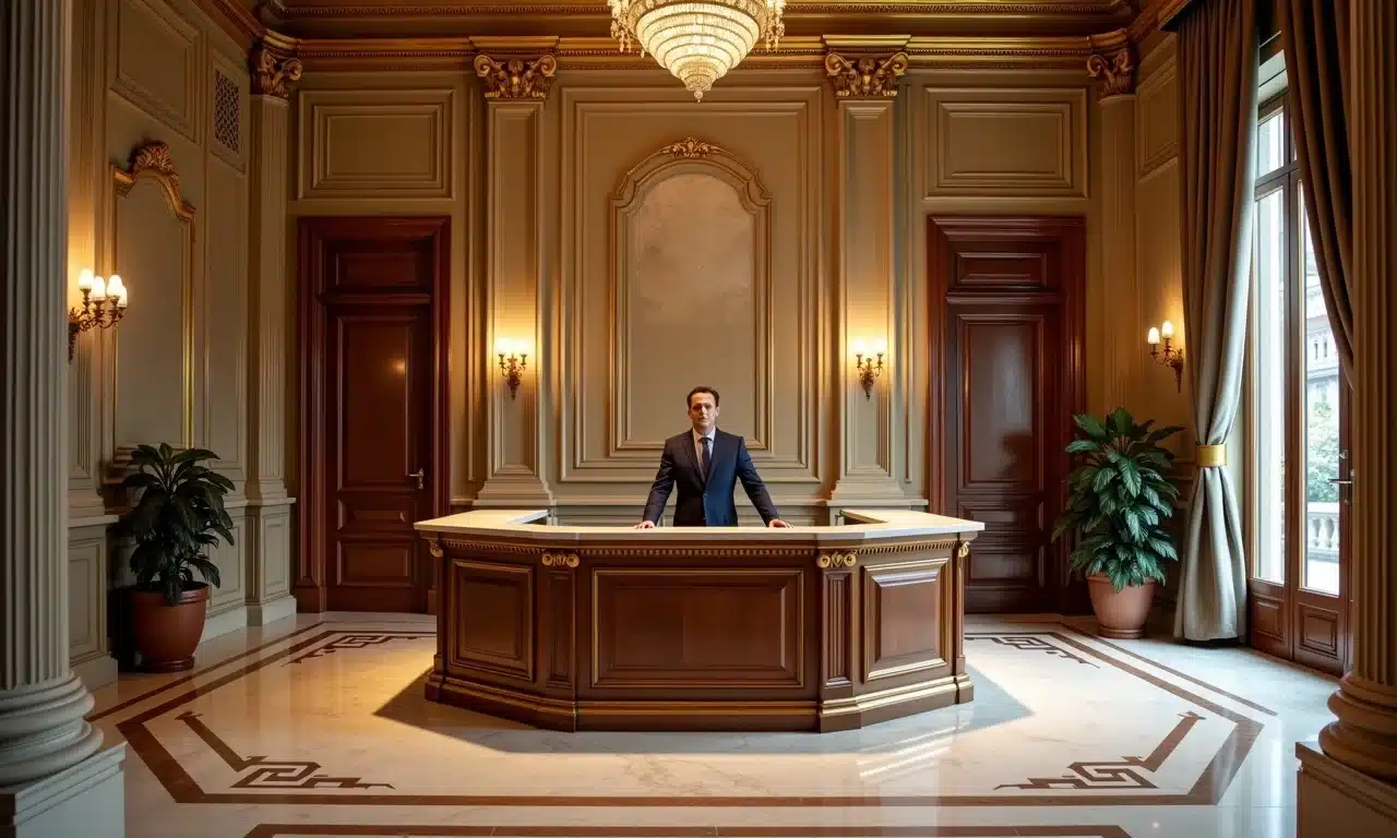 Interior de agência bancária tradicional no Brasil.