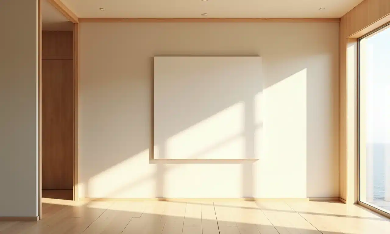 Interior Japandi com paleta de cores neutras e arte minimalista.