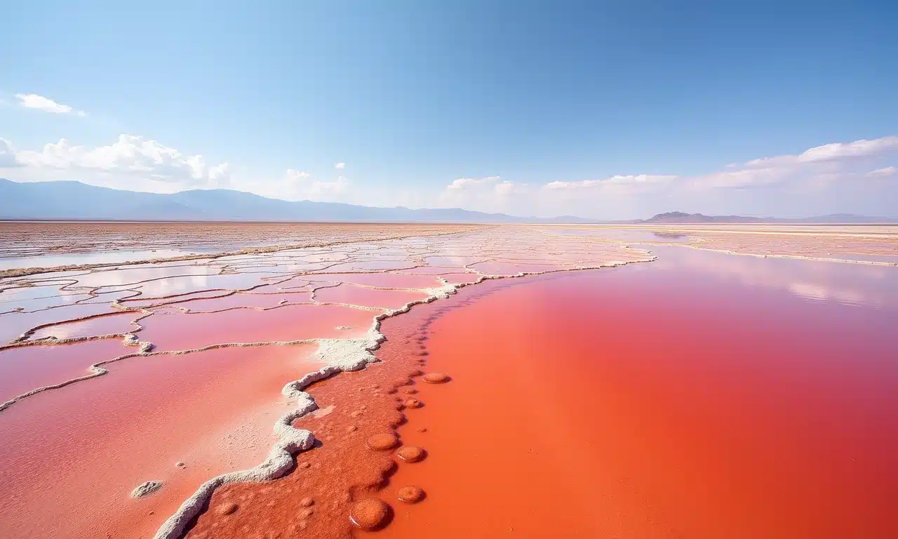 Lago Natron na Tanzânia, com águas avermelhadas e formações de crostas de sal.