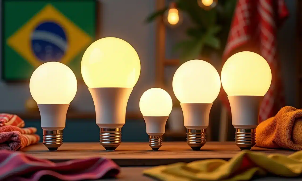 Lâmpadas inteligentes variadas em uma mesa de madeira.