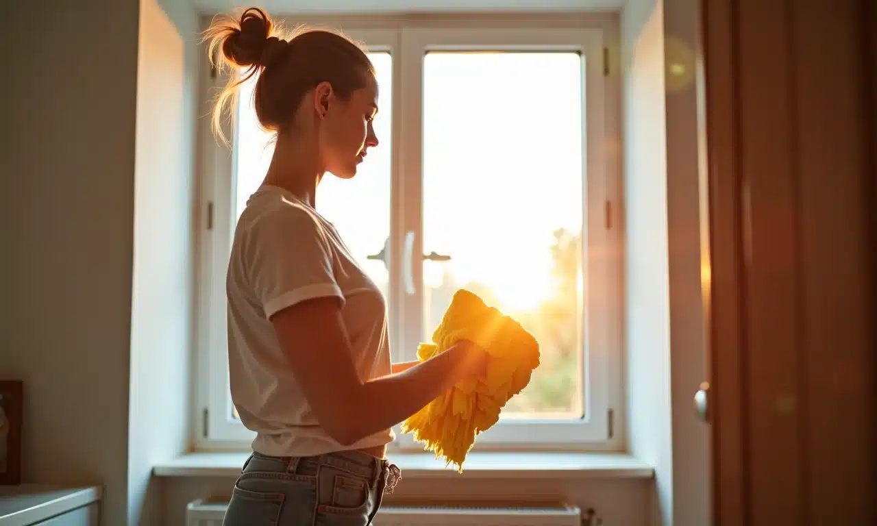 Mãe solteira determinada limpando uma casa com a luz do sol entrando pela janela.