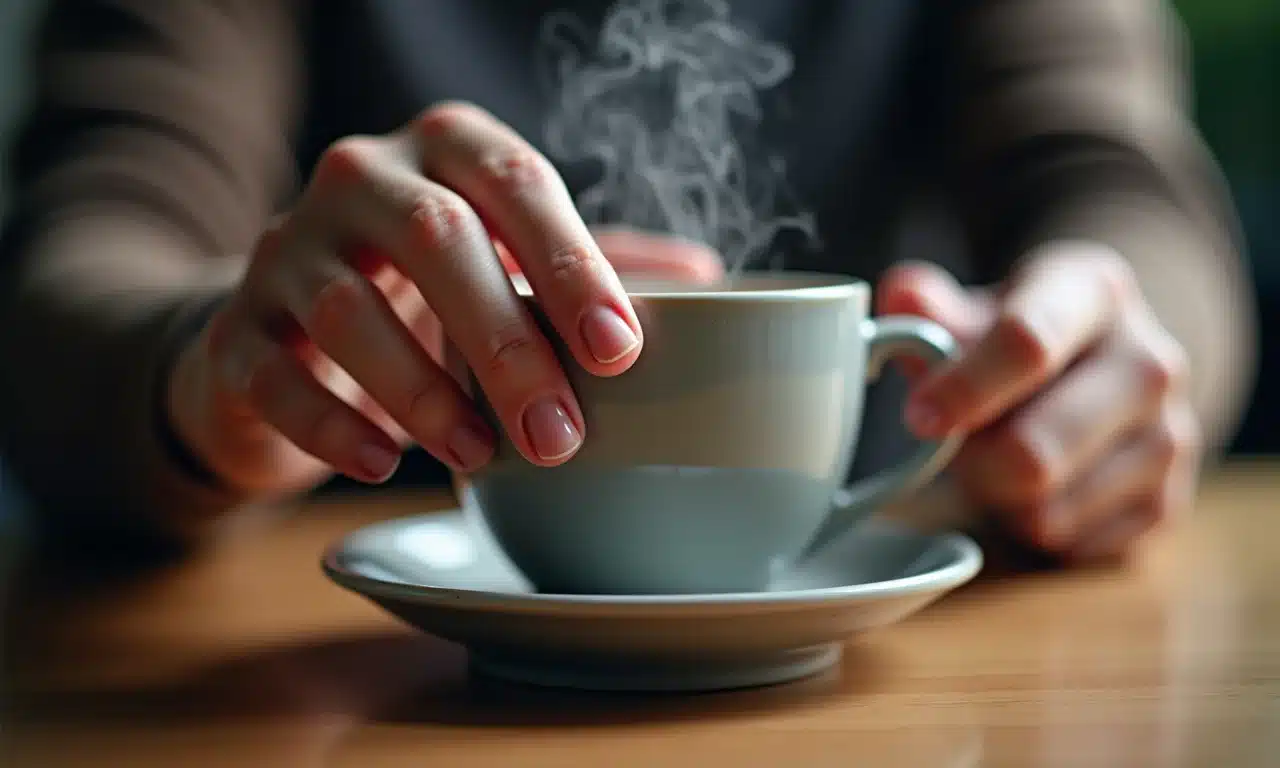 Mão alcançando xícara de café, simbolizando o estimulante traiçoeiro.