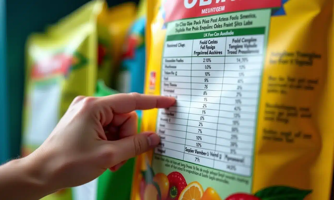 Mão indicando tabela nutricional em embalagem de alimento.