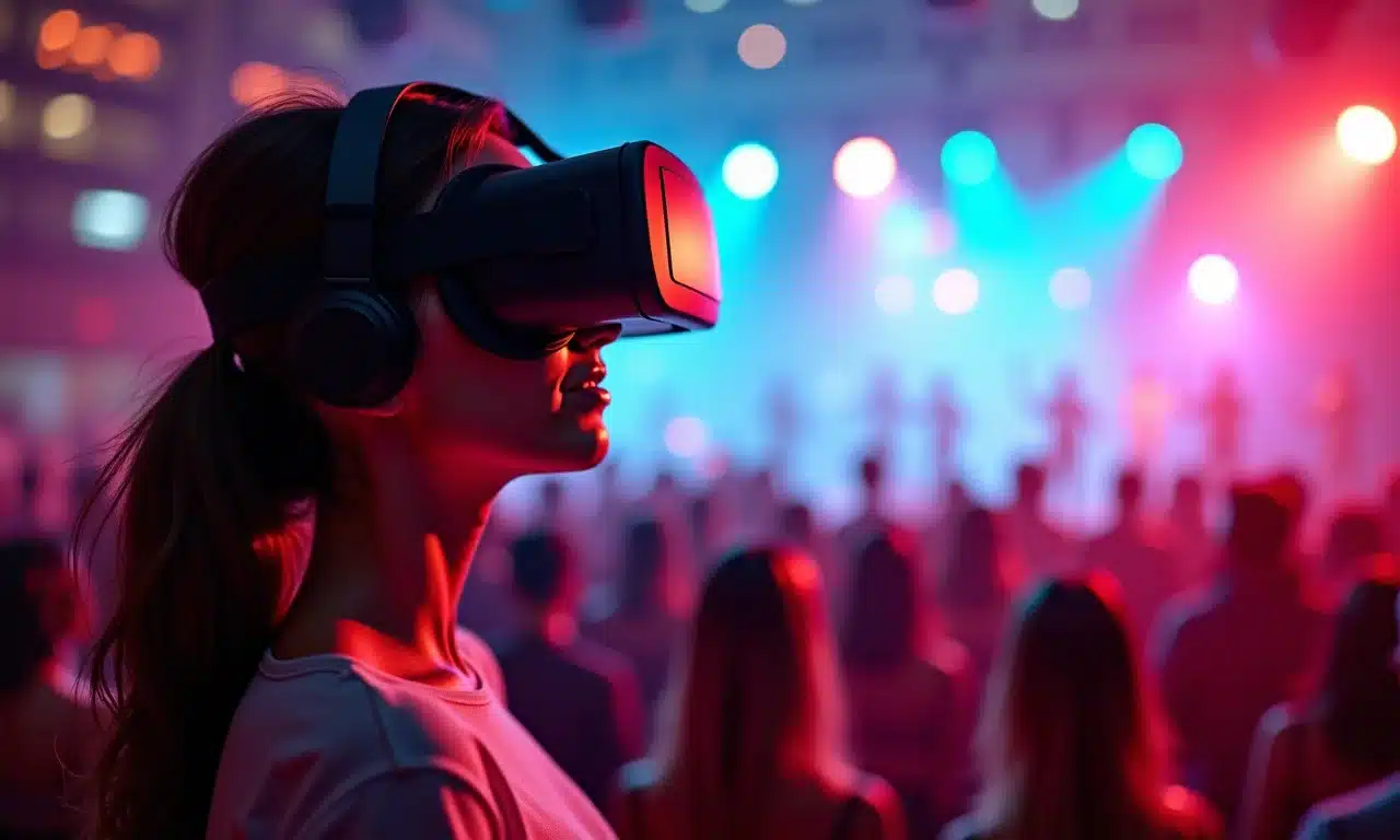 Mulher aproveitando um show virtual no metaverso com óculos VR.
