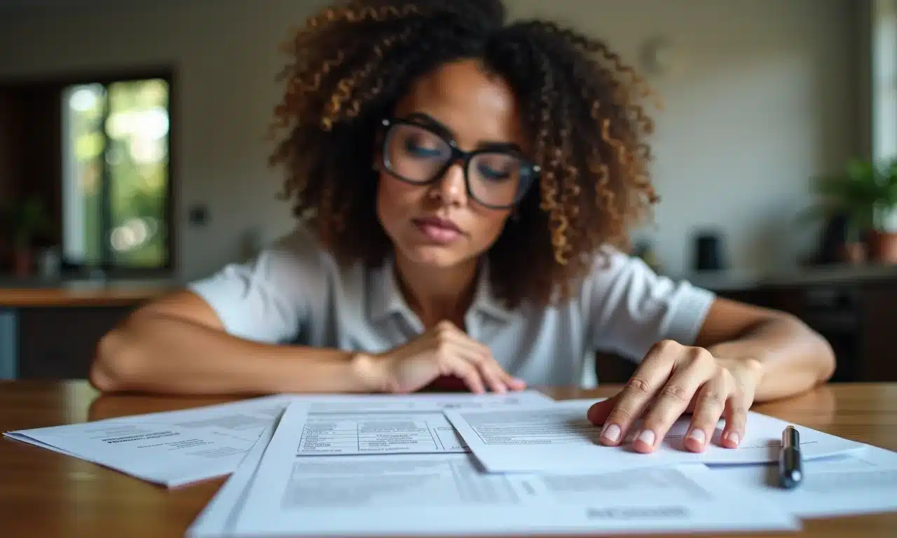 Mulher brasileira analisando documentos financeiros e formulários de impostos com atenção.