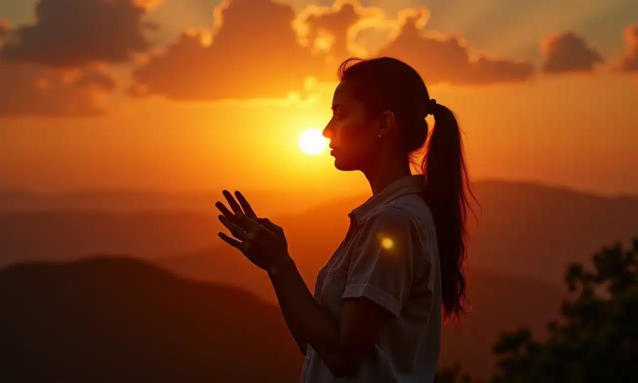 Mulher confusa olhando o relógio, pôr do sol ao meio-dia.