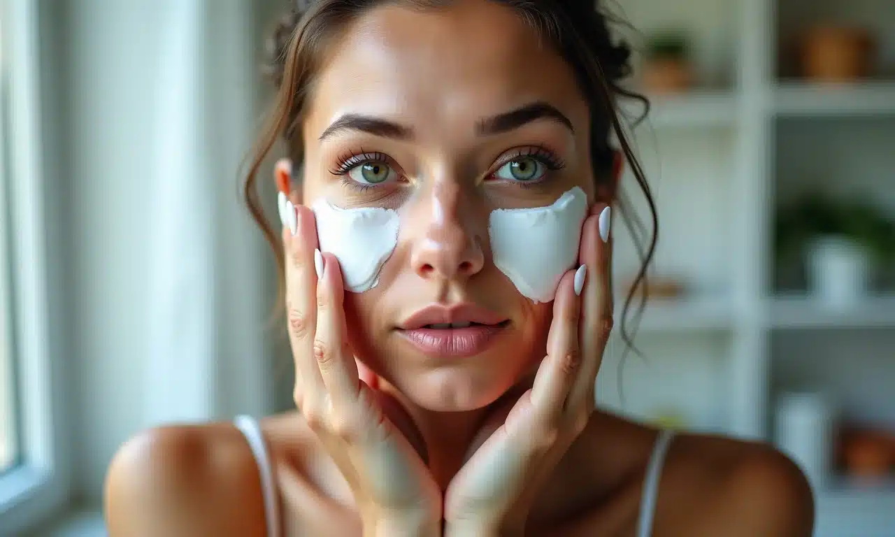 Mulher exagerando na quantidade de produtos de skincare.