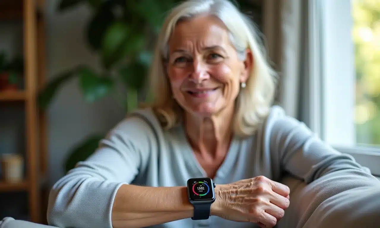 Mulher monitorando sua saúde com smartwatch.