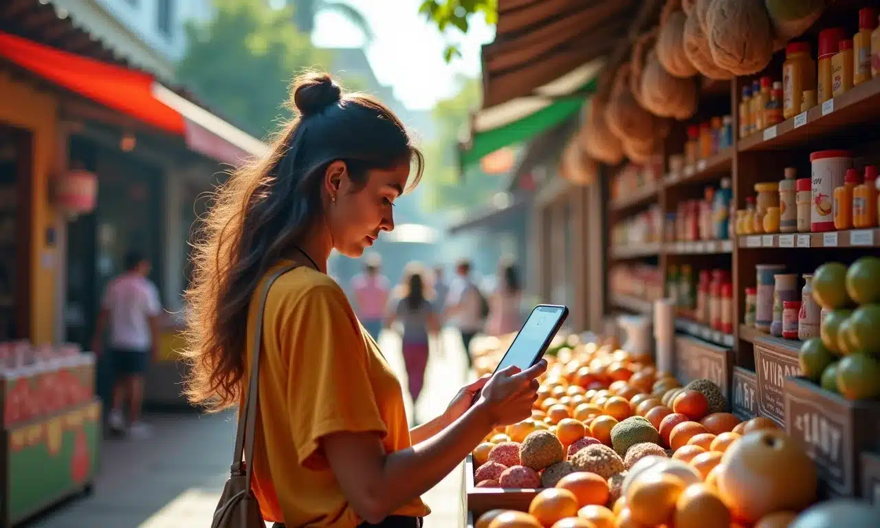 Mulher navegando por produtos personalizados em uma experiência de compra no metaverso.