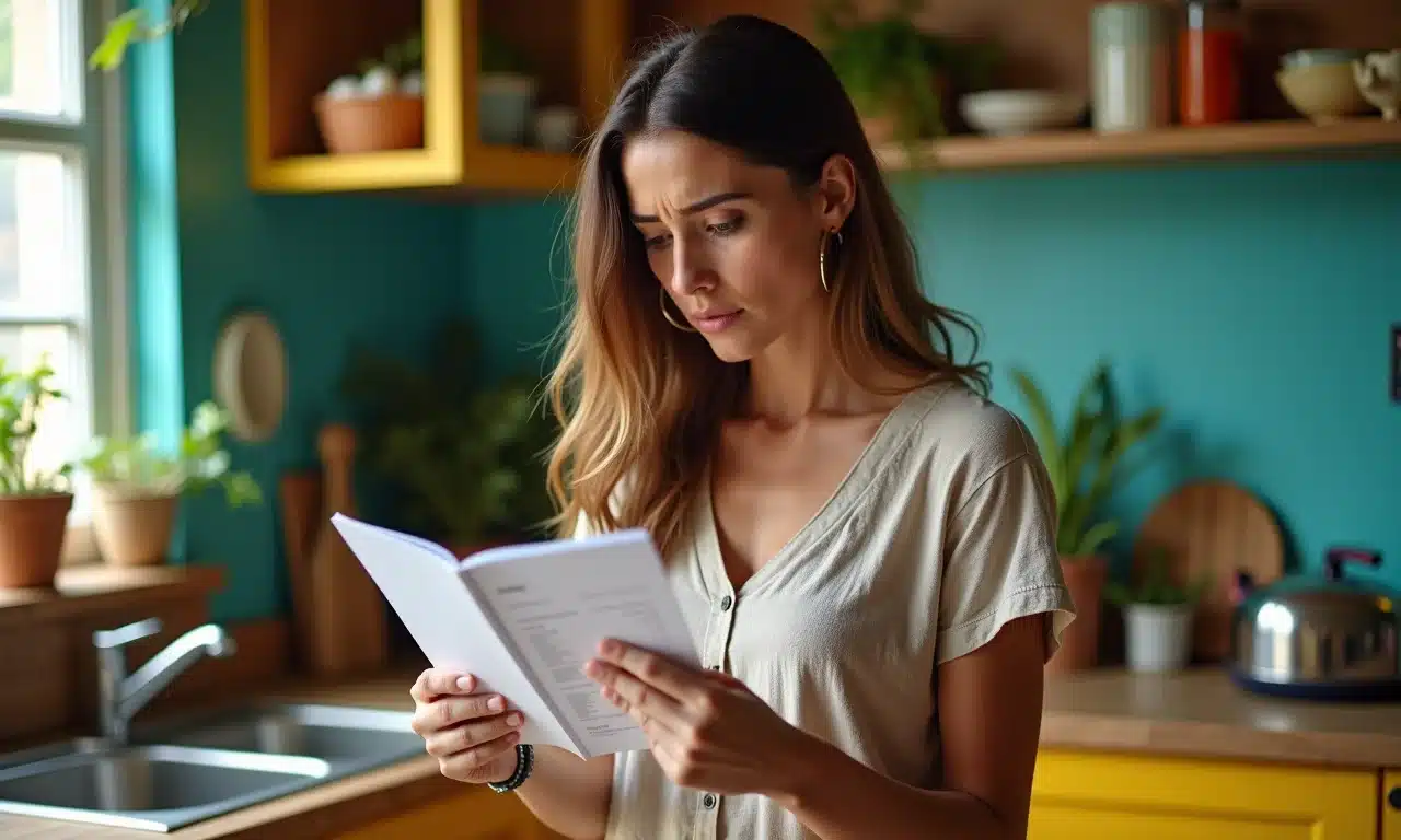 Mulher preocupada analisando lista de ingredientes de produto ultraprocessado.