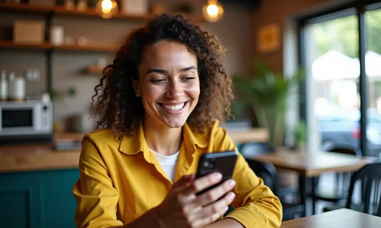 Mulher usando app de banco digital em café no Brasil.