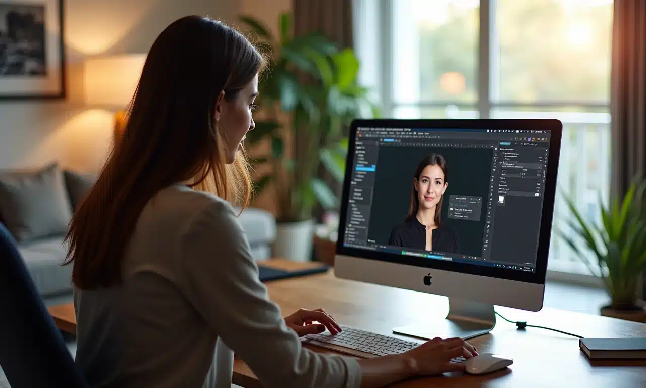 Mulher usando ferramenta de detecção de deepfake no computador.