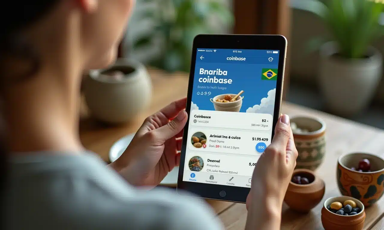 Mulher utilizando o aplicativo Coinbase em um tablet com artesanato brasileiro na mesa.
