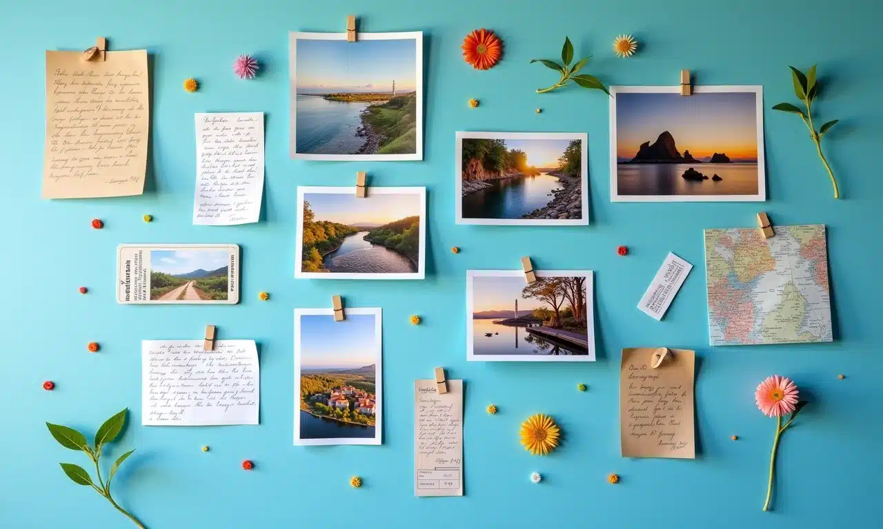 Mural de memórias com fotos e lembranças em parede azul.