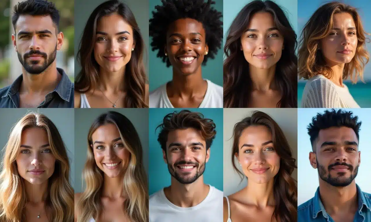 Painel de elenco com fotos de diversos atores brasileiros para remake de filme.
