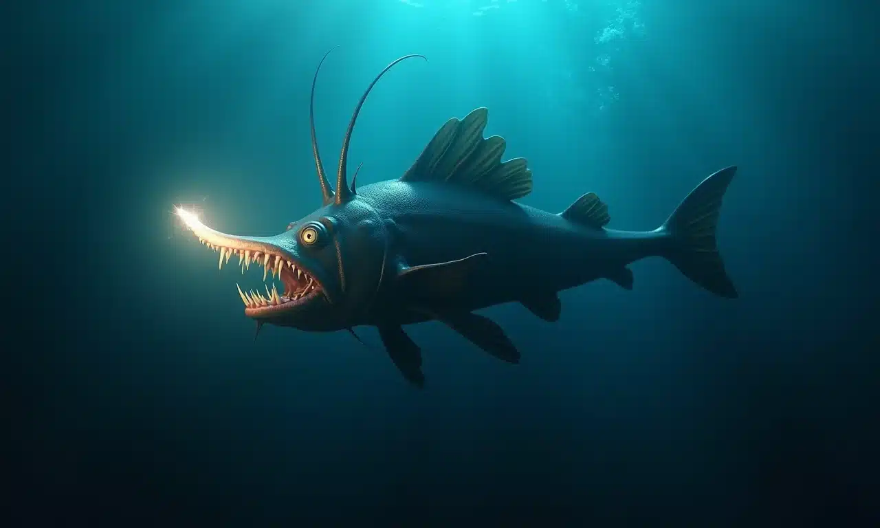 Peixe-diabo espreitando com sua isca luminosa.