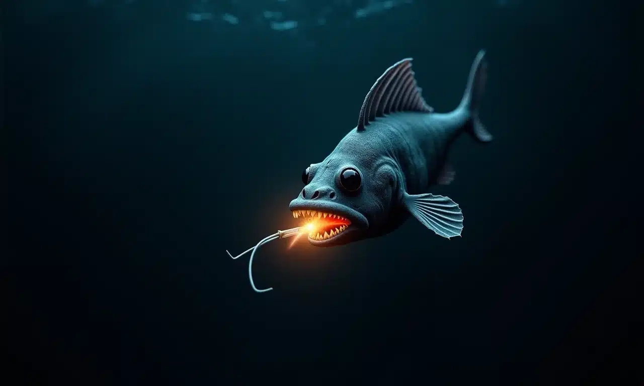 Peixe-lanterna com isca brilhante nas profundezas escuras do oceano.
