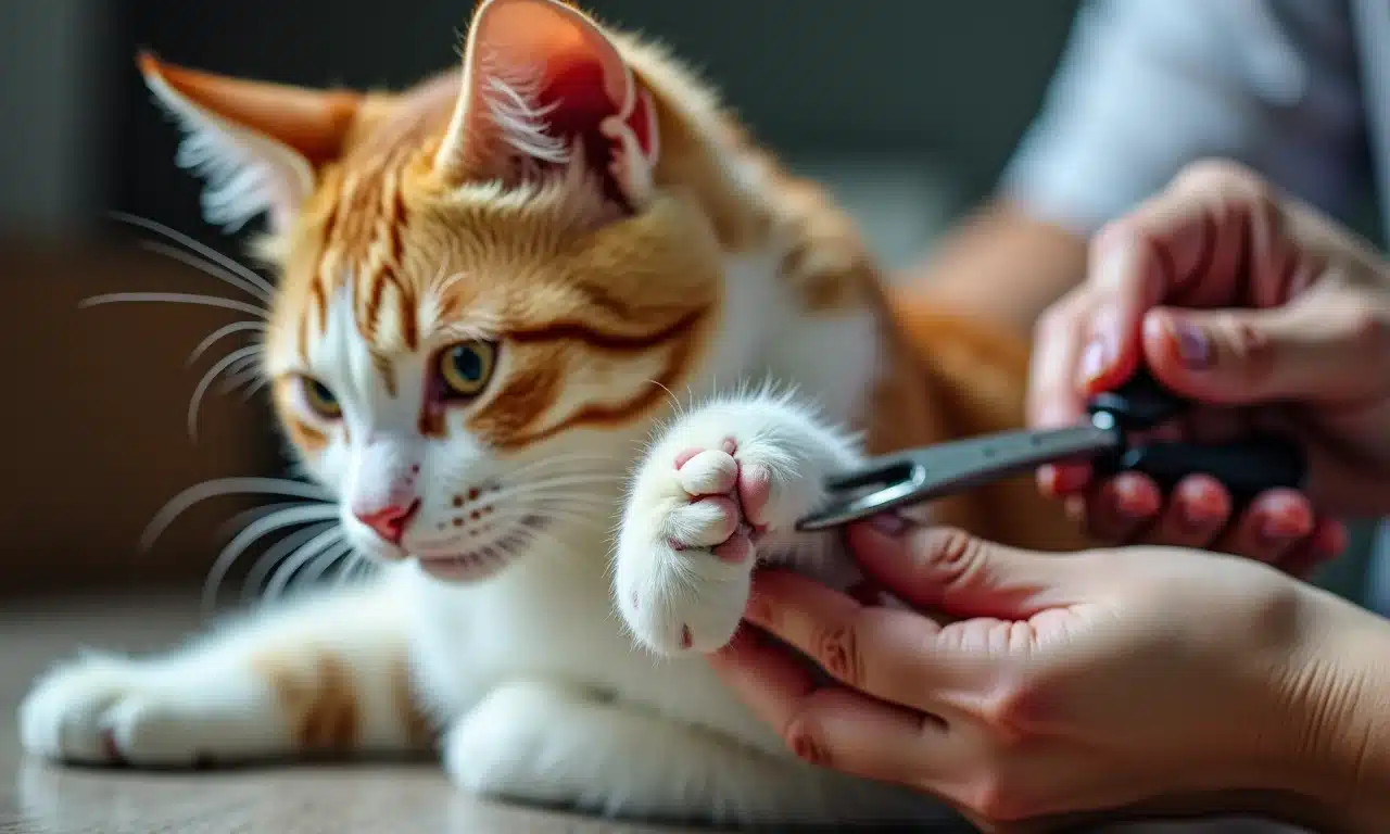Pessoa aparando as unhas do gato após amassar.