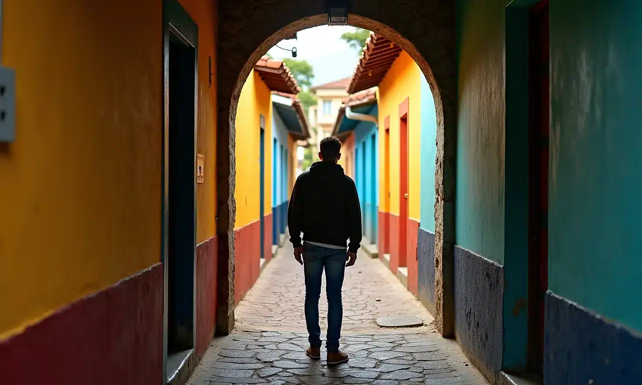 Pessoa hesitante em porta, representando a 'Recusa do Chamado' na Jornada do Herói.