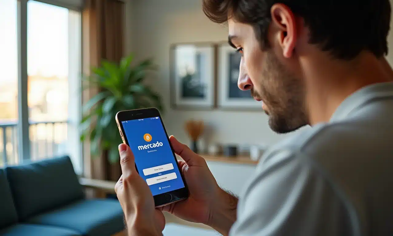 Pessoa navegando no aplicativo Mercado Bitcoin em um smartphone.