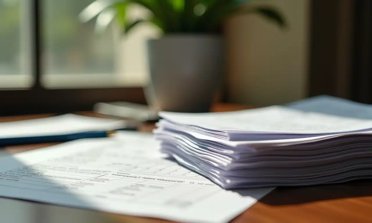 Pilha de comprovantes esquecidos em mesa com formulário de imposto de renda.