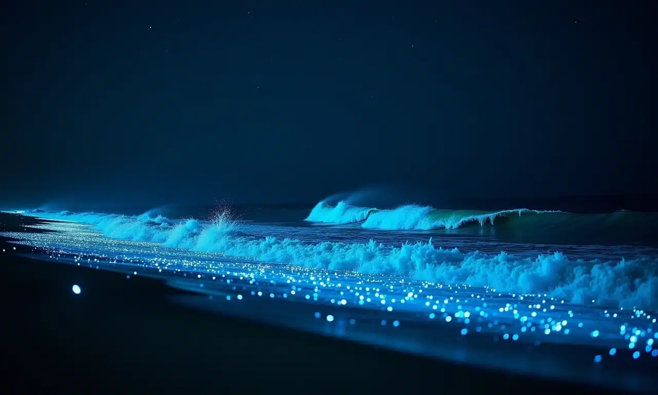 Plâncton bioluminescente criando um mar de estrelas em uma praia escura.