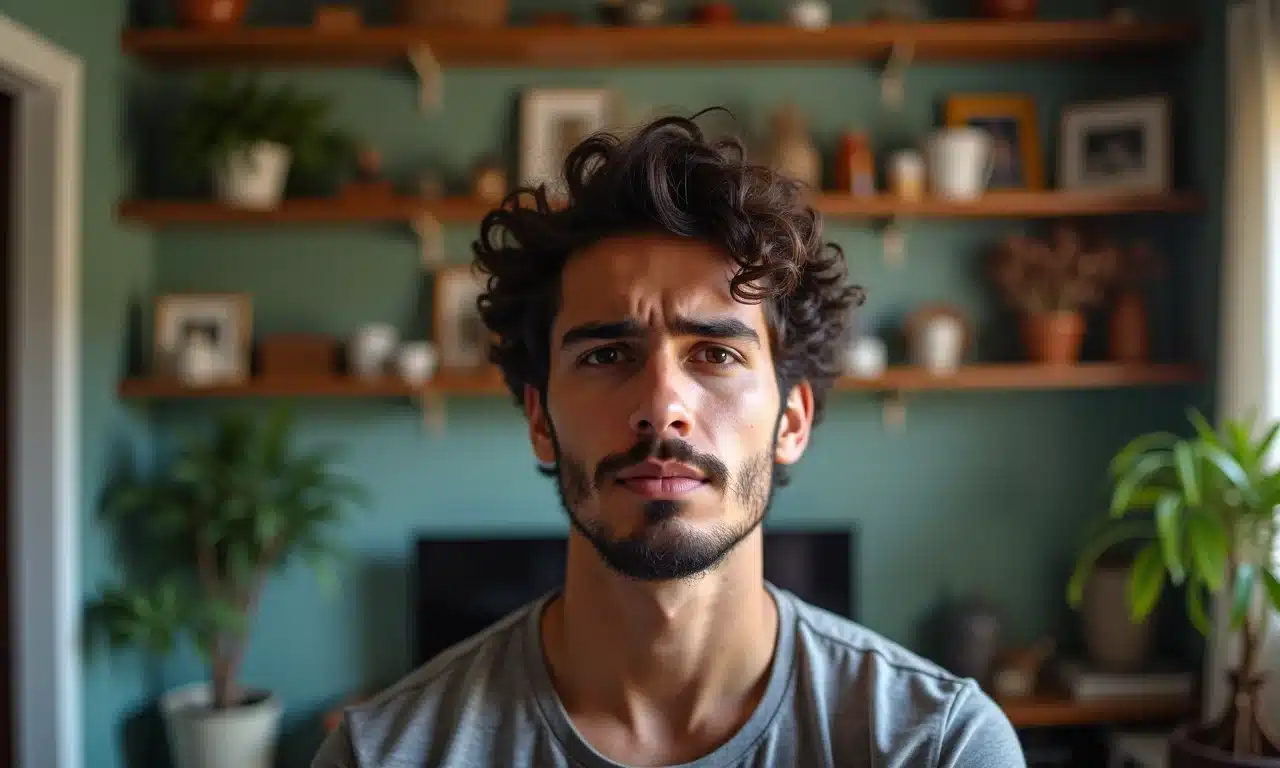 Prateleira excessivamente decorada em uma sala pequena, cheia de objetos decorativos.